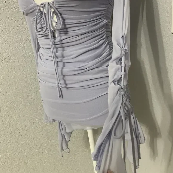 Y2K Style Whimsigoth Fairy Long Sleeve Ruched Mini Dress Purple Oh Polly Size 2 - Picture 3 of 8